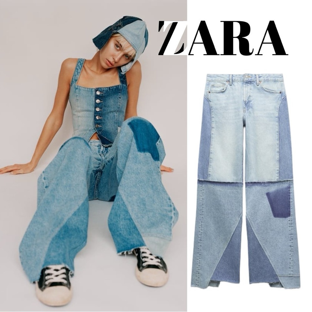 Zara Women's High Rise Patchwork Jeans - Blue